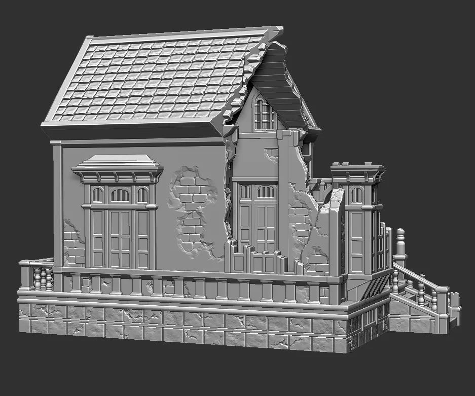 Viktoriansk byhus i ruiner.