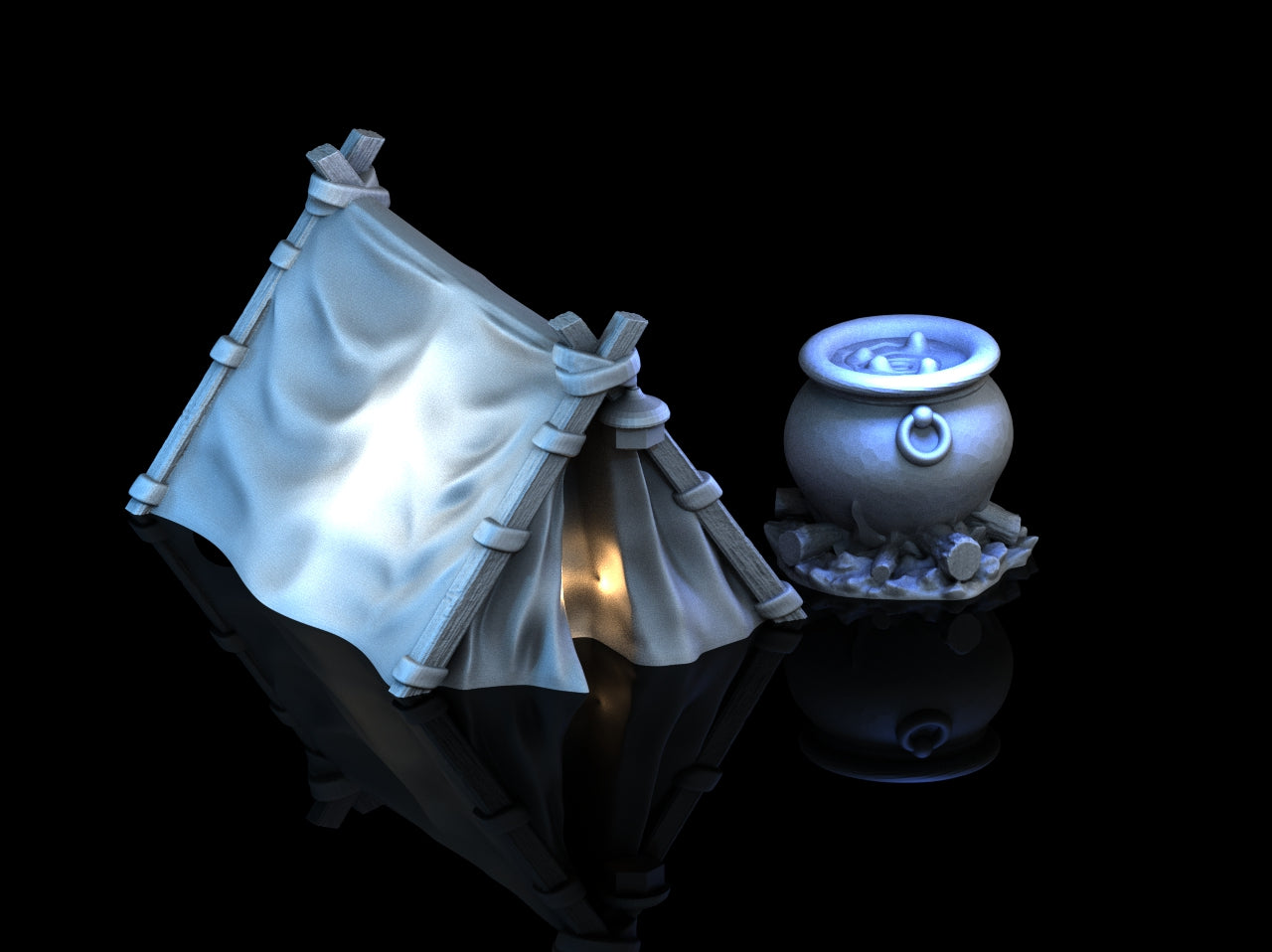 Fantasy Leirplass Terreng – 3D-printet Telt og Gryte for Tabletop Spill